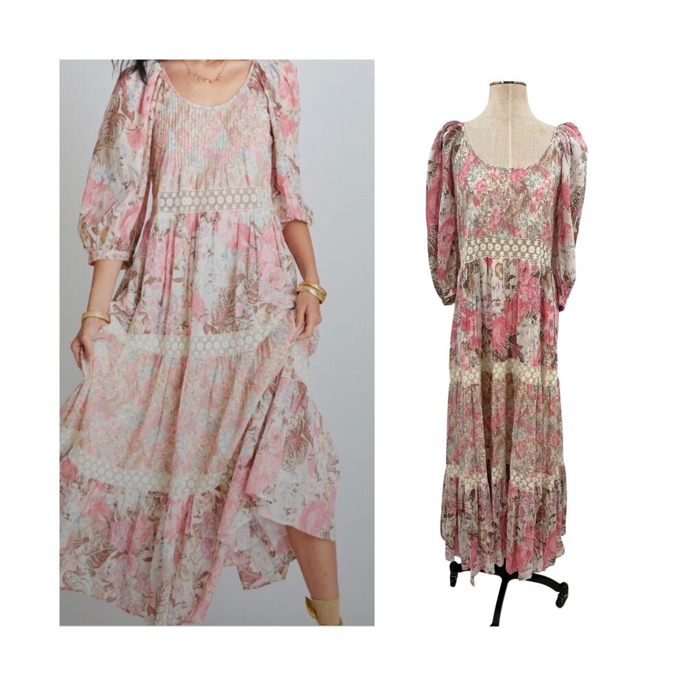 LoveShackFancy Evren Floral Lace Trim Puff Sleeve Cotton Maxi Dress Pink Small